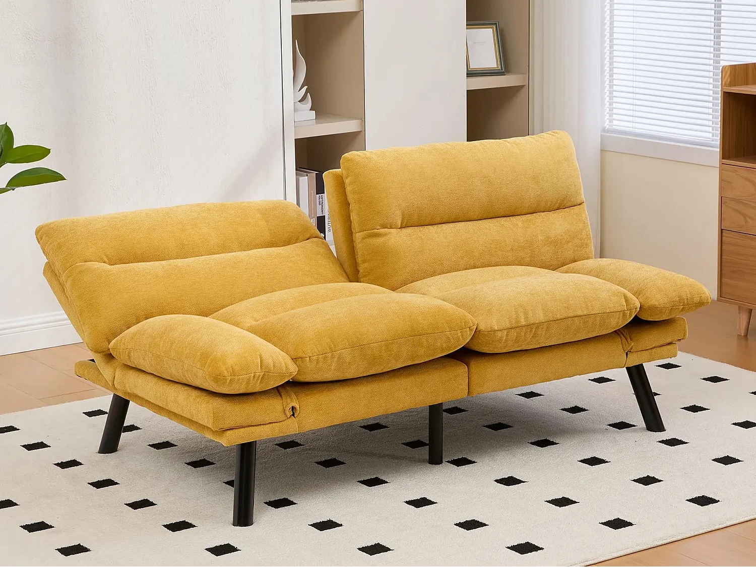 Canapé convertible 2 places jaune en tissu chenille - avec fonction rabattable - Confort et praticité, idéal pour salon, chambre ou petit espace