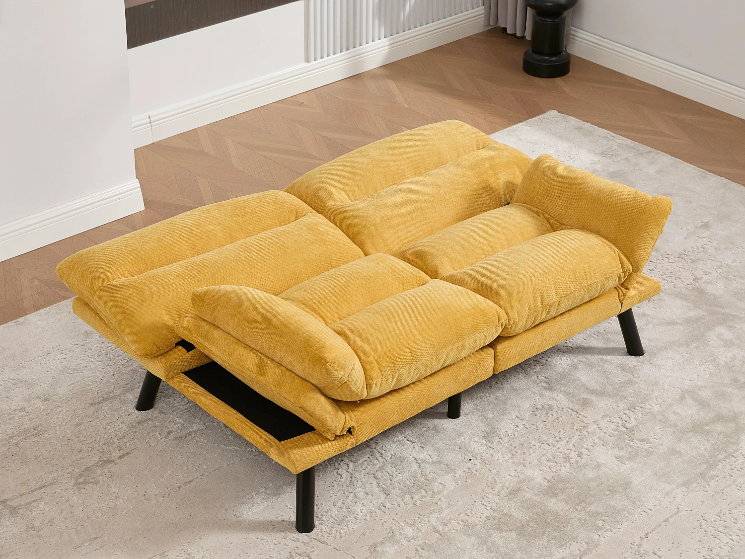 Canapé convertible 2 places jaune en tissu chenille - avec fonction rabattable - Confort et praticité, idéal pour salon, chambre ou petit espace
