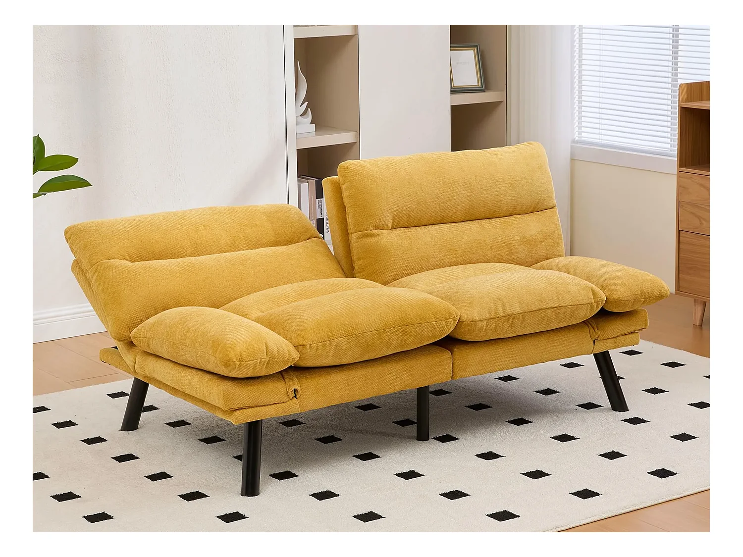 Canapé convertible 2 places jaune en tissu chenille - avec fonction rabattable - Confort et praticité, idéal pour salon, chambre ou petit espace