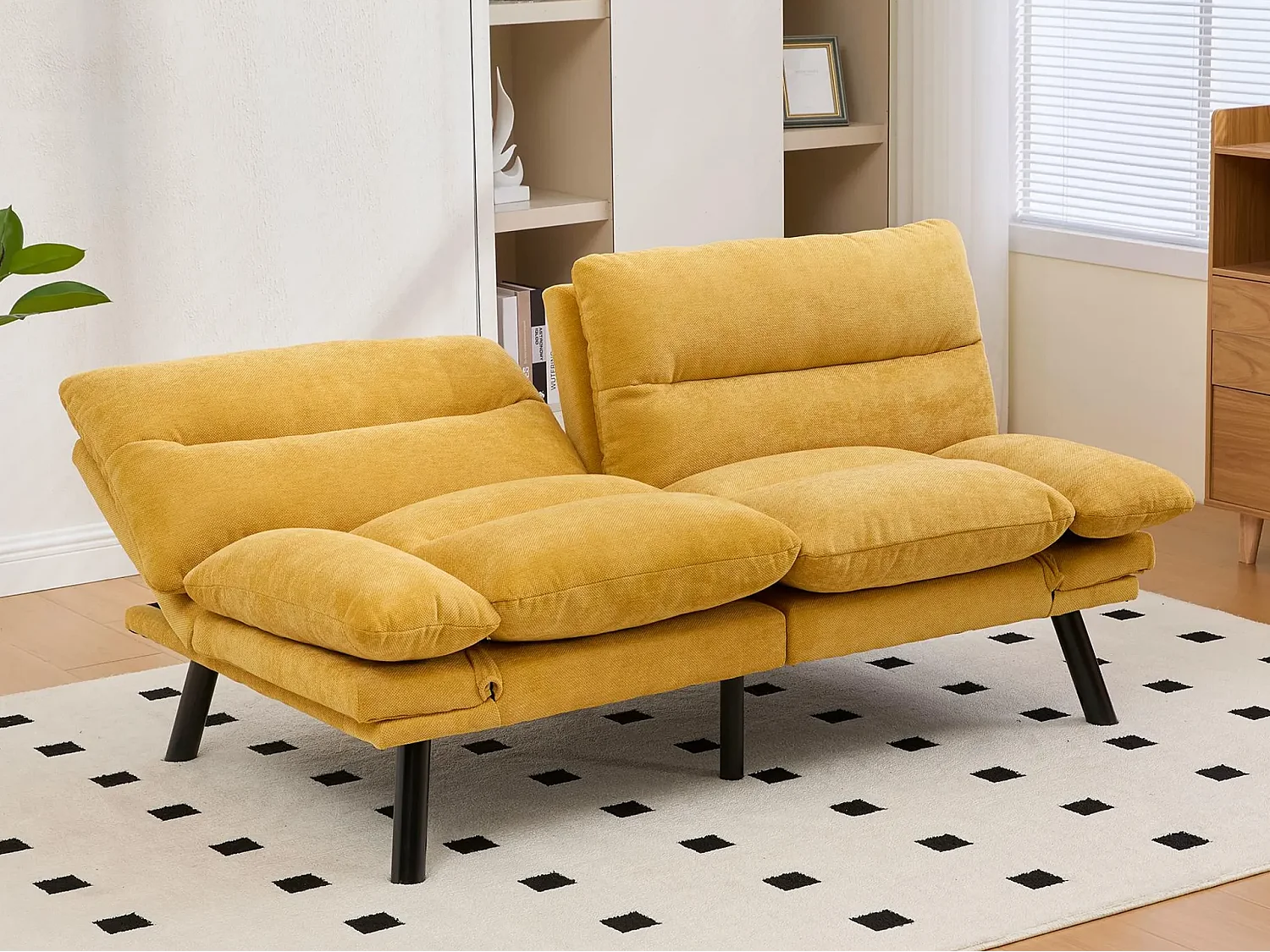 Canapé convertible 2 places jaune en tissu chenille - avec fonction rabattable - Confort et praticité, idéal pour salon, chambre ou petit espace