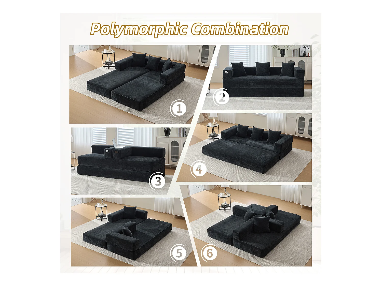 Kaleido 1.0 - Canapé modulable en chenille noir - Canapé convertible en plusieurs formes - 3 coussins inclus - Parfait pour salon, chambre et bureau