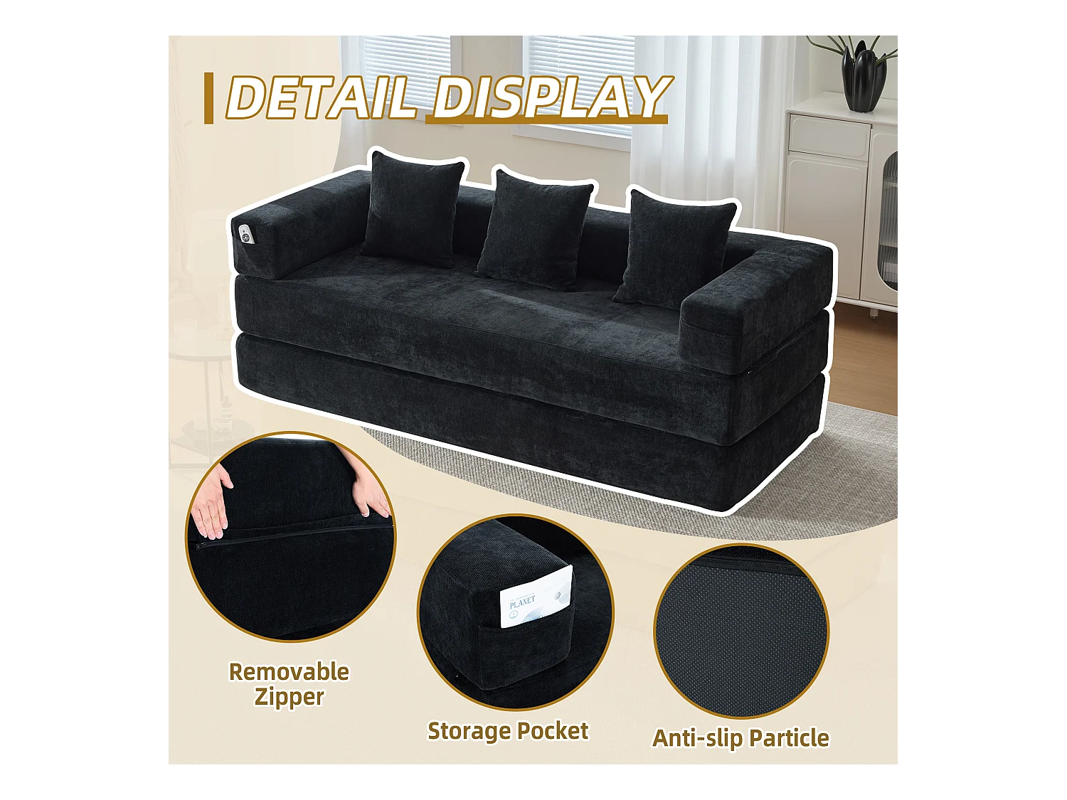 Kaleido 1.0 - Canapé modulable en chenille noir - Canapé convertible en plusieurs formes - 3 coussins inclus - Parfait pour salon, chambre et bureau