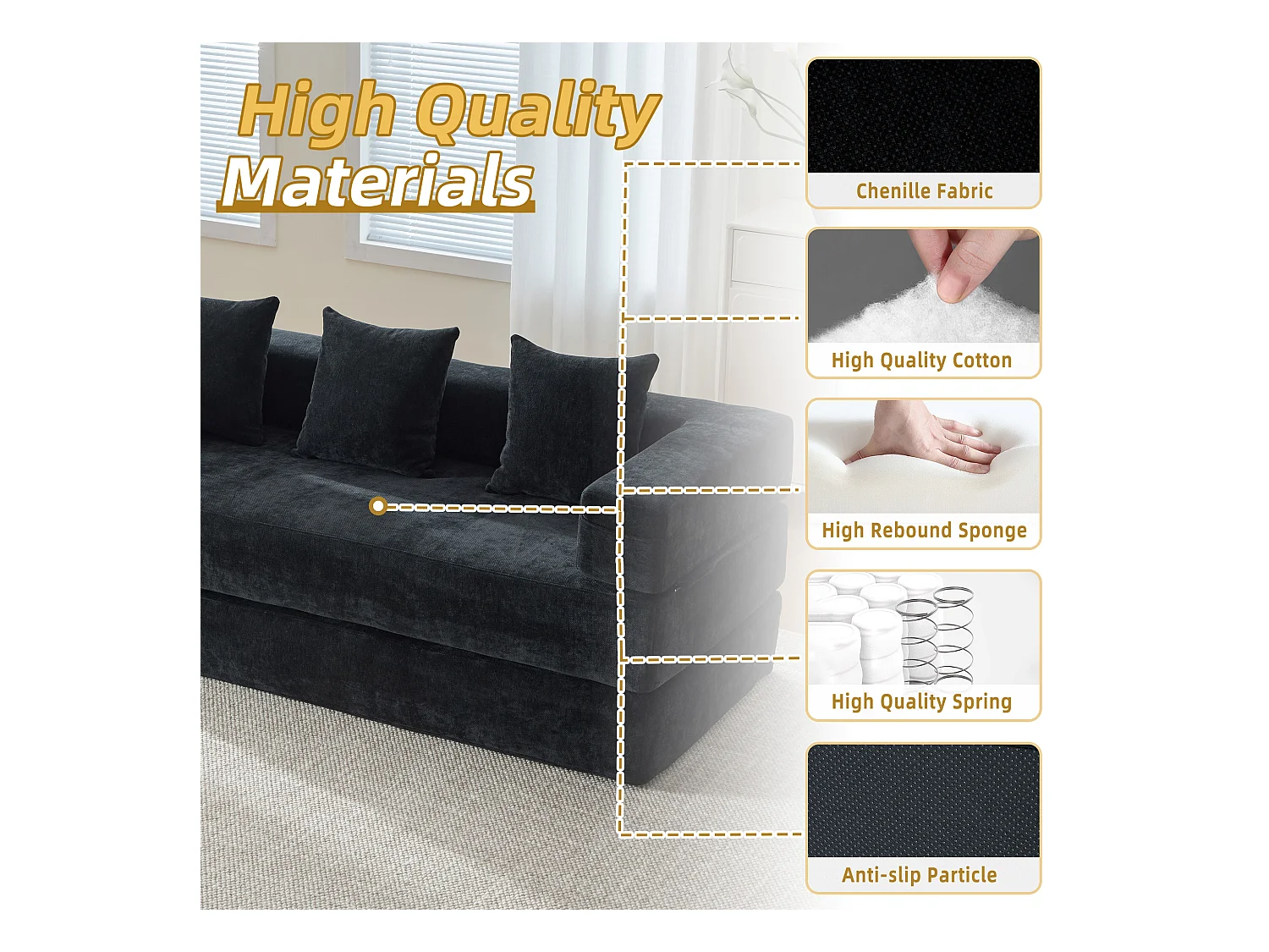 Kaleido 1.0 - Canapé modulable en chenille noir - Canapé convertible en plusieurs formes - 3 coussins inclus - Parfait pour salon, chambre et bureau