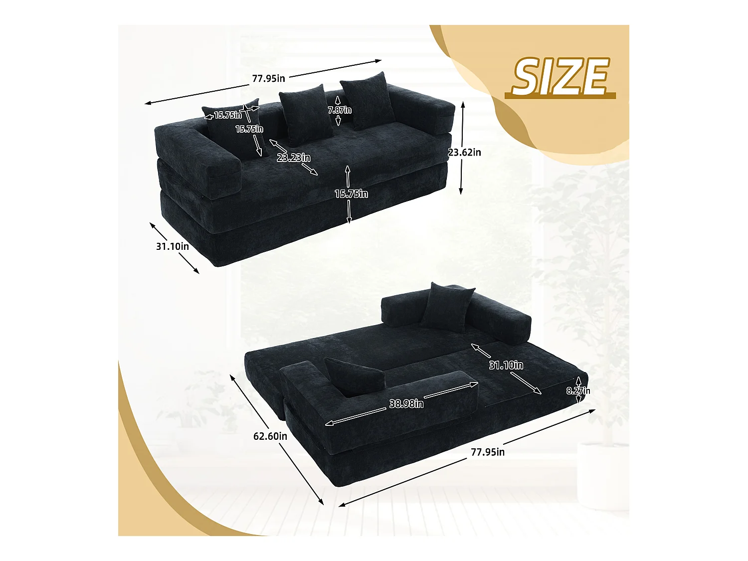 Kaleido 1.0 - Canapé modulable en chenille noir - Canapé convertible en plusieurs formes - 3 coussins inclus - Parfait pour salon, chambre et bureau