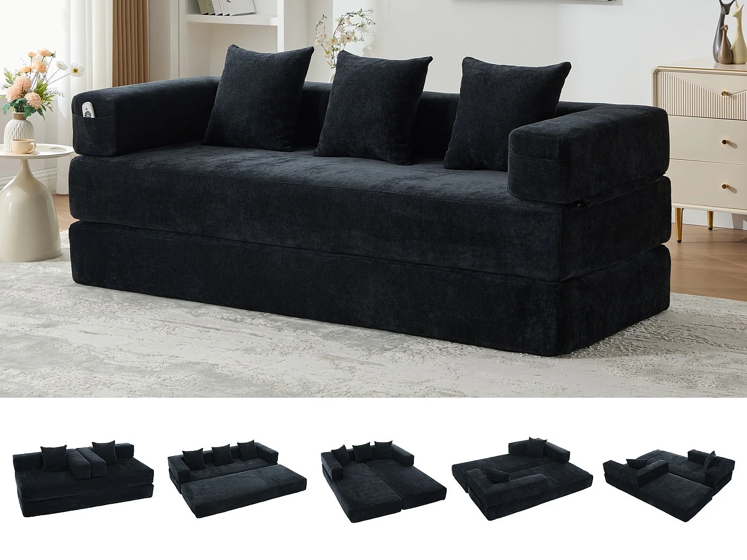 Kaleido 1.0 - Canapé modulable en chenille noir - Canapé convertible en plusieurs formes - 3 coussins inclus - Parfait pour salon, chambre et bureau