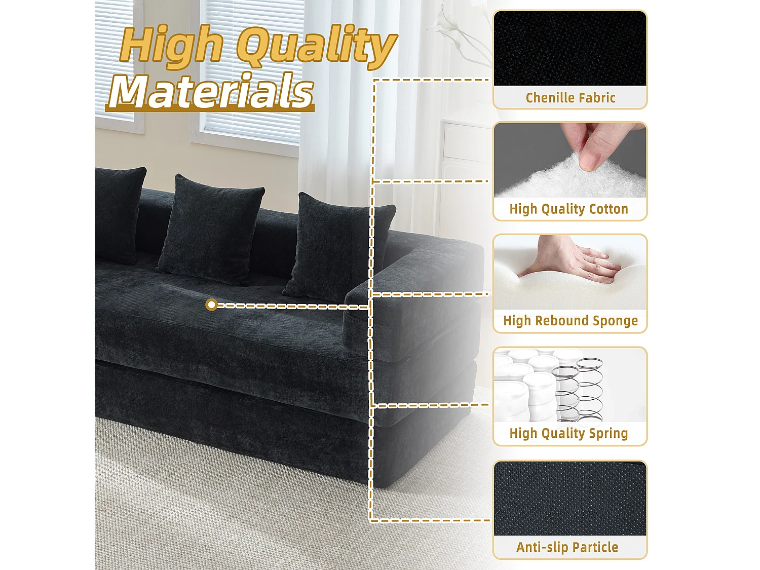 Kaleido 1.0 - Canapé modulable en chenille noir - Canapé convertible en plusieurs formes - 3 coussins inclus - Parfait pour salon, chambre et bureau