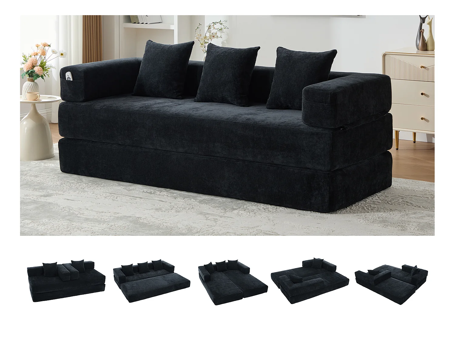Canapé modulable en chenille noir - Canapé convertible en plusieurs formes - 3 coussins inclus - Parfait pour salon, chambre et bureau