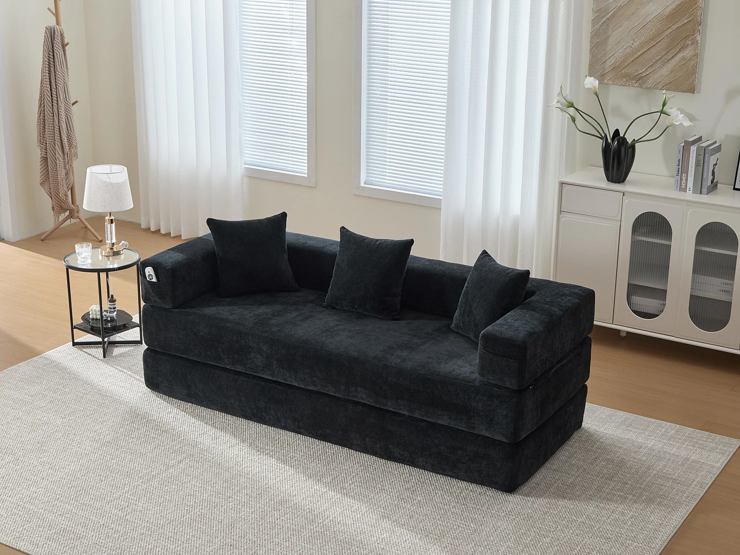 Kaleido 1.0 - Canapé modulable en chenille noir - Canapé convertible en plusieurs formes - 3 coussins inclus - Parfait pour salon, chambre et bureau