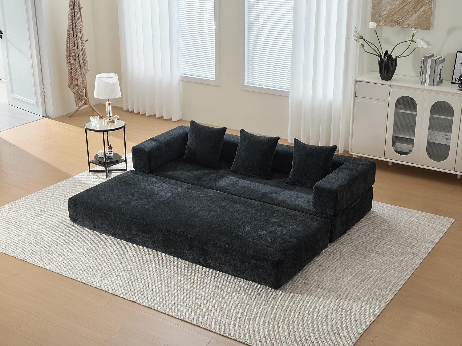 Kaleido 1.0 - Canapé modulable en chenille noir - Canapé convertible en plusieurs formes - 3 coussins inclus - Parfait pour salon, chambre et bureau