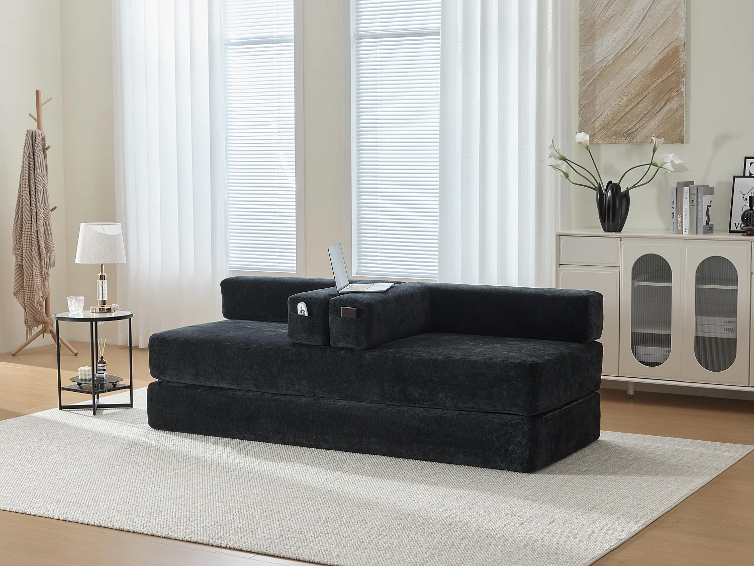 Kaleido 1.0 - Canapé modulable en chenille noir - Canapé convertible en plusieurs formes - 3 coussins inclus - Parfait pour salon, chambre et bureau