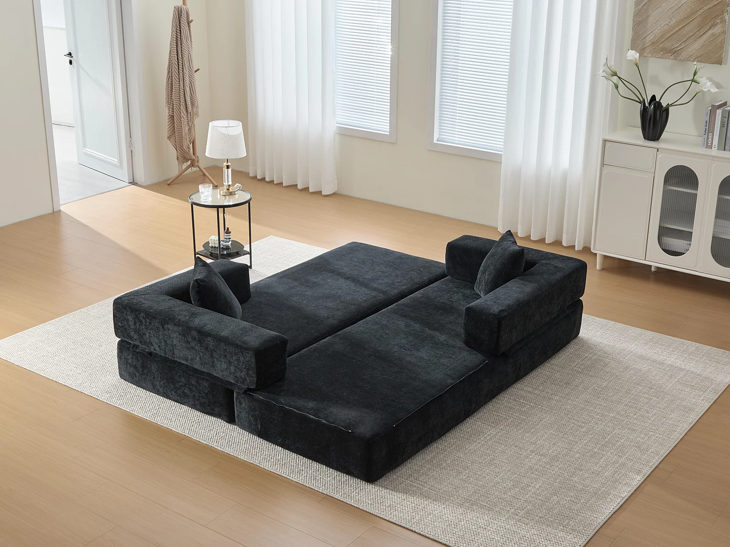 Kaleido 1.0 - Canapé modulable en chenille noir - Canapé convertible en plusieurs formes - 3 coussins inclus - Parfait pour salon, chambre et bureau