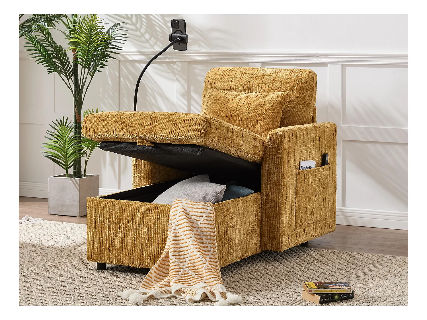 Canapé fixe - Chaiselongue jaune en tissu chenille - avec support pour téléphone et rangement intégré - Idéal pour salon, bureau ou chambre