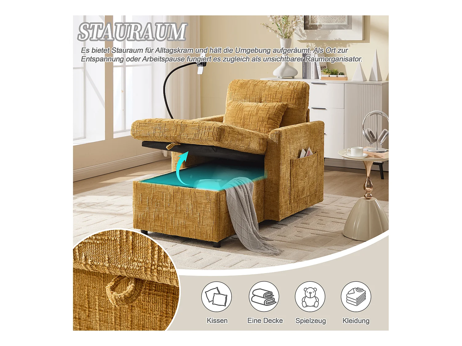 Canapé fixe - Chaiselongue jaune en tissu chenille - avec support pour téléphone et rangement intégré - Idéal pour salon, bureau ou chambre