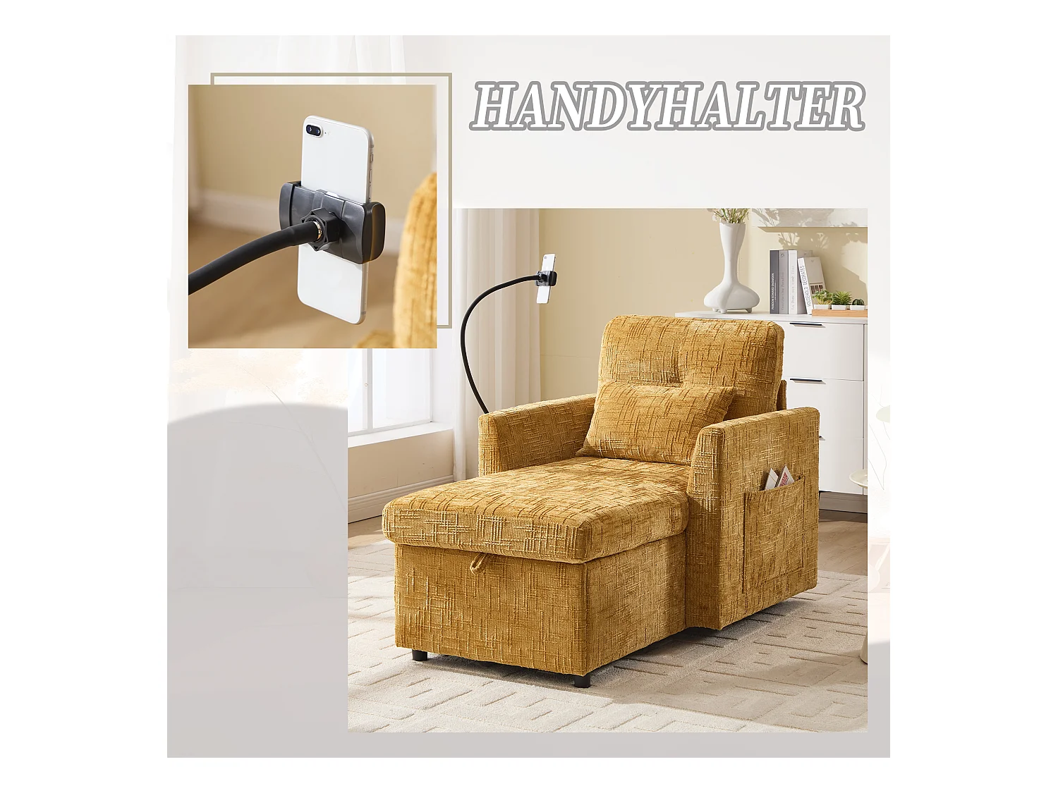 Canapé fixe - Chaiselongue jaune en tissu chenille - avec support pour téléphone et rangement intégré - Idéal pour salon, bureau ou chambre