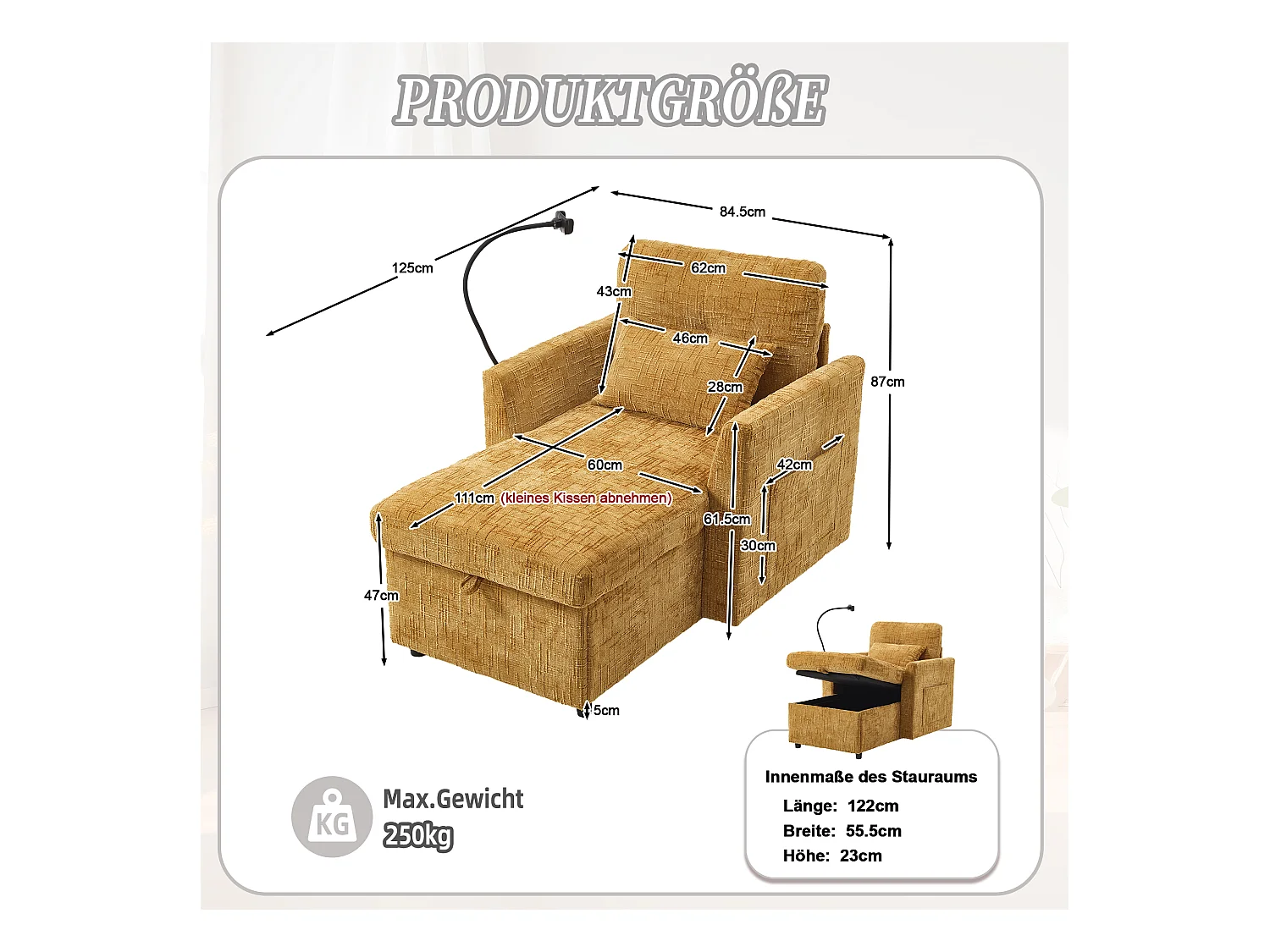 Canapé fixe - Chaiselongue jaune en tissu chenille - avec support pour téléphone et rangement intégré - Idéal pour salon, bureau ou chambre