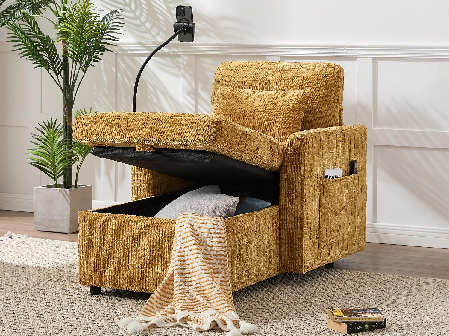 Canapé fixe - Chaiselongue jaune en tissu chenille - avec support pour téléphone et rangement intégré - Idéal pour salon, bureau ou chambre