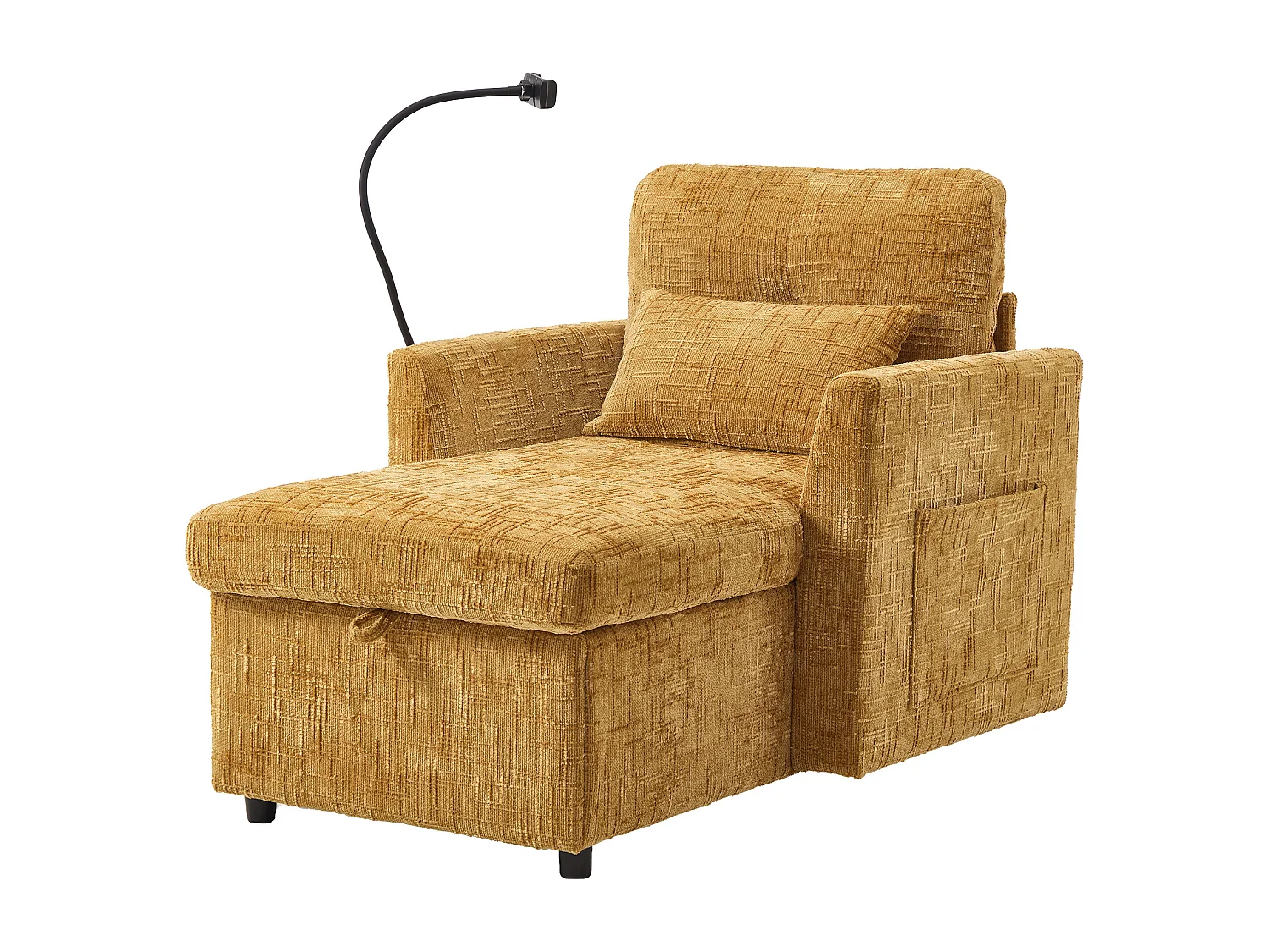 Canapé fixe - Chaiselongue jaune en tissu chenille - avec support pour téléphone et rangement intégré - Idéal pour salon, bureau ou chambre