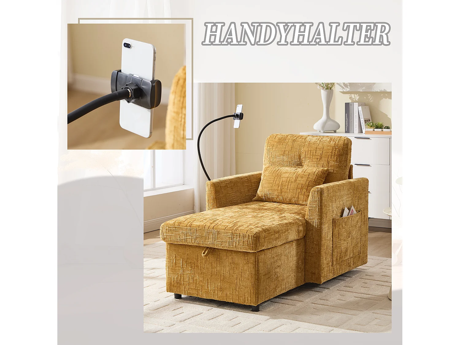 Canapé fixe - Chaiselongue jaune en tissu chenille - avec support pour téléphone et rangement intégré - Idéal pour salon, bureau ou chambre