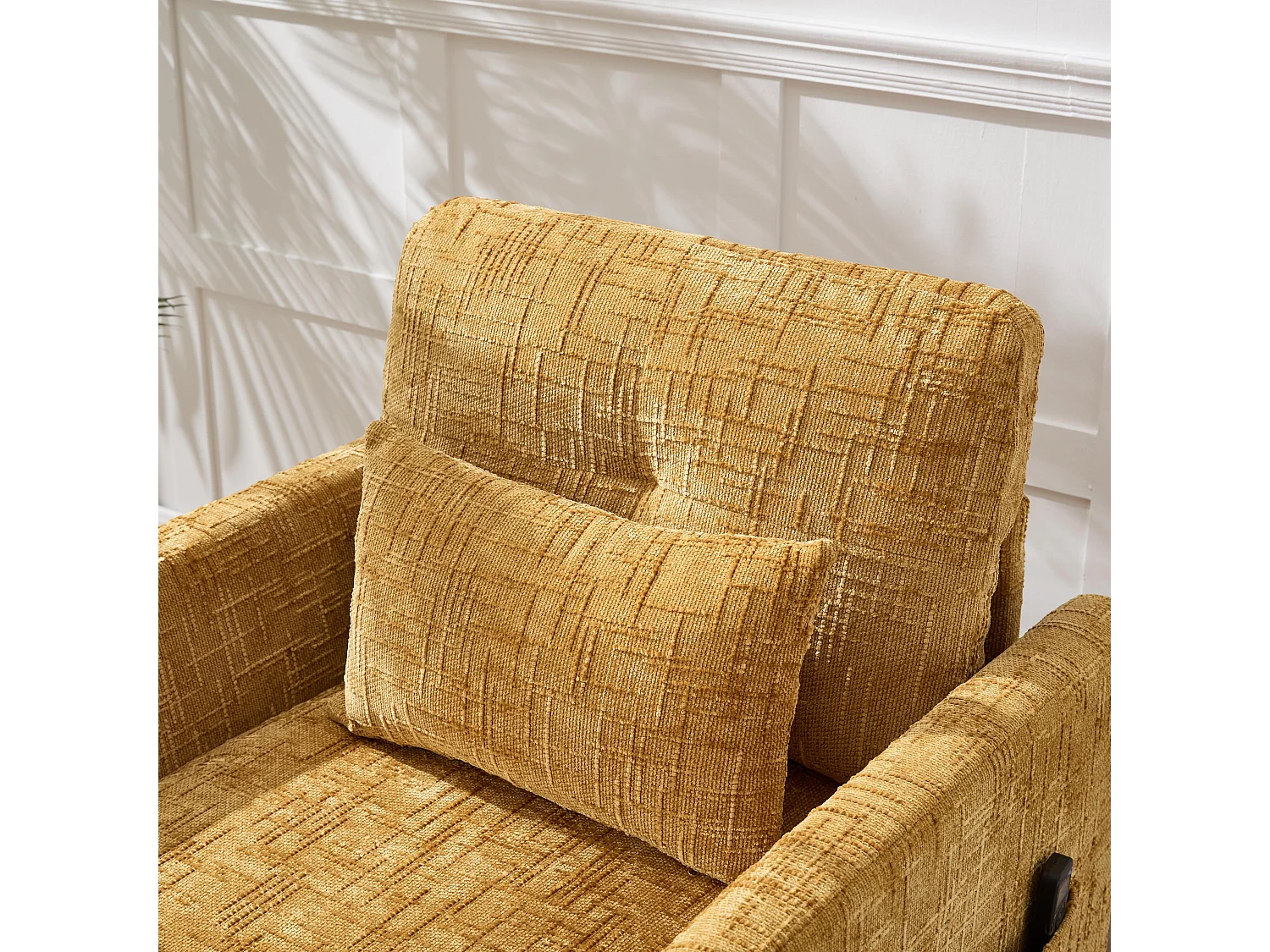 Canapé fixe - Chaiselongue jaune en tissu chenille - avec support pour téléphone et rangement intégré - Idéal pour salon, bureau ou chambre