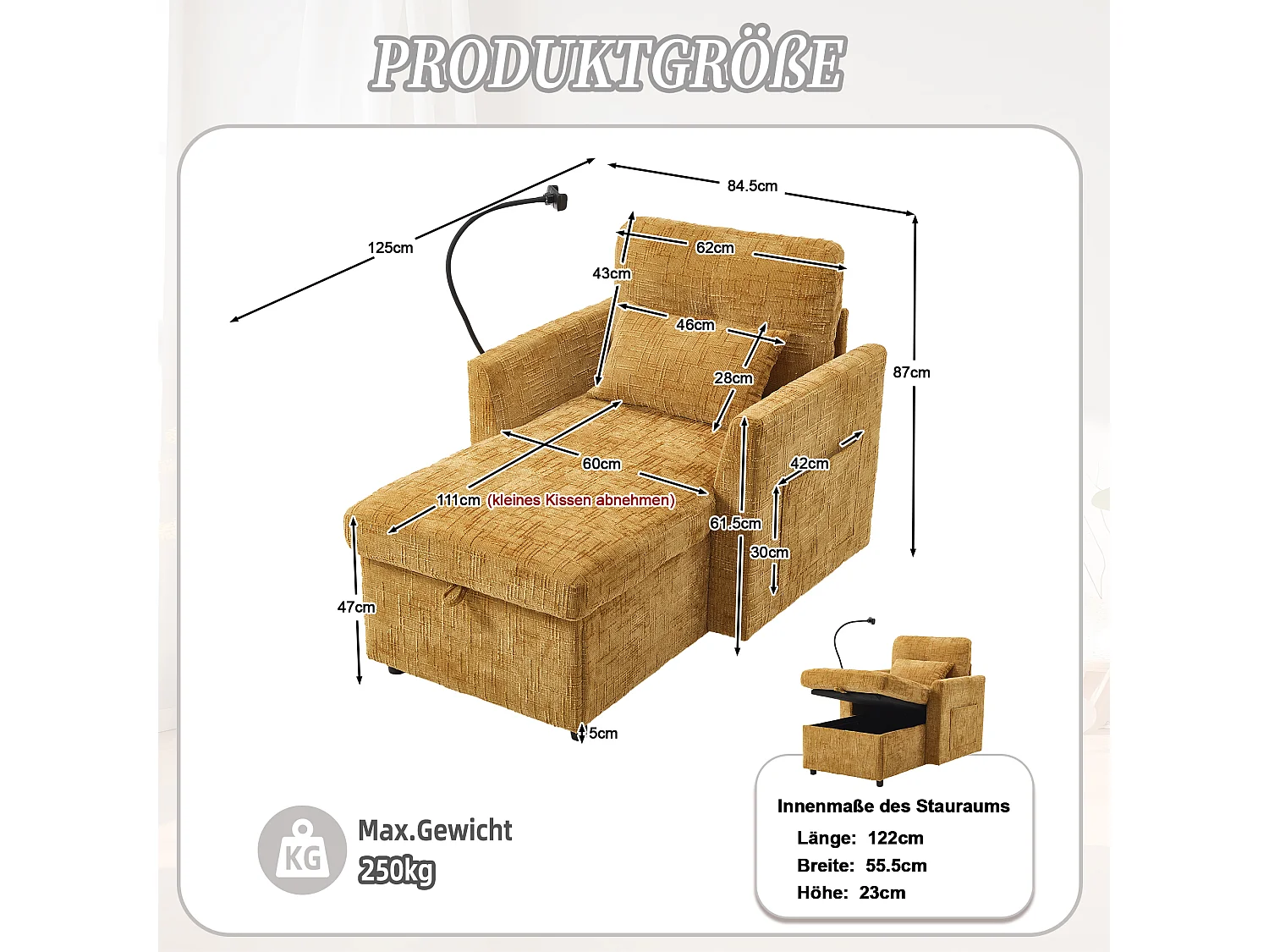 Canapé fixe - Chaiselongue jaune en tissu chenille - avec support pour téléphone et rangement intégré - Idéal pour salon, bureau ou chambre