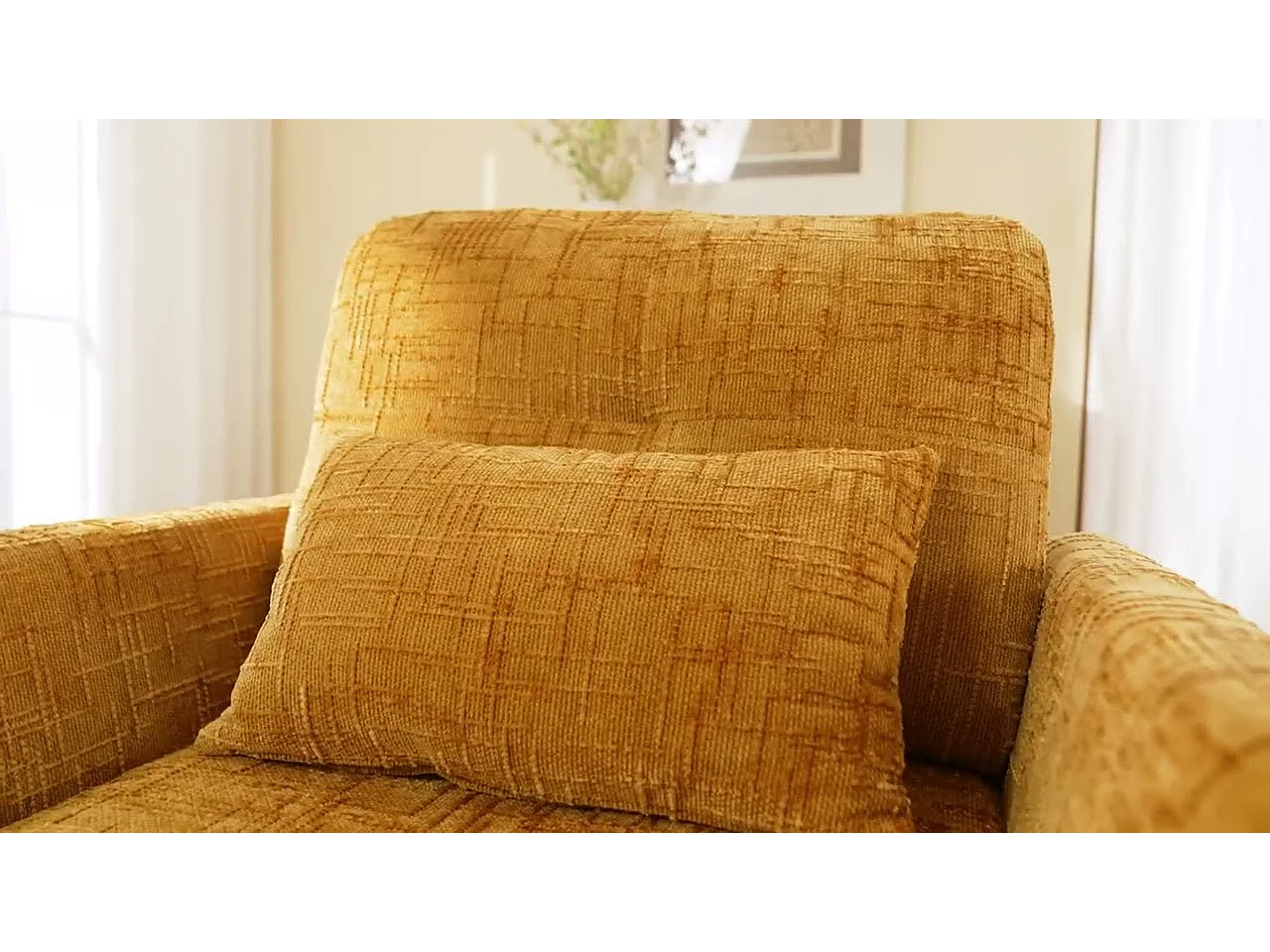 Canapé fixe - Chaiselongue jaune en tissu chenille - avec support pour téléphone et rangement intégré - Idéal pour salon, bureau ou chambre
