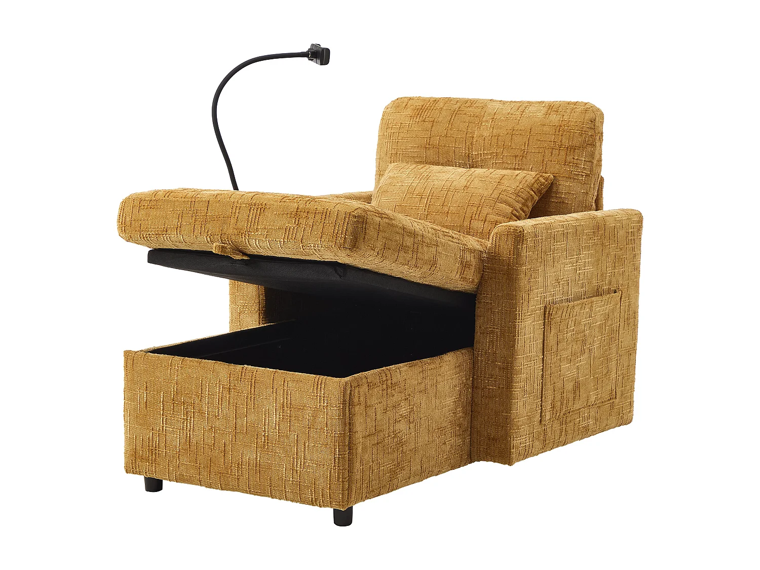 Canapé fixe - Chaiselongue jaune en tissu chenille - avec support pour téléphone et rangement intégré - Idéal pour salon, bureau ou chambre