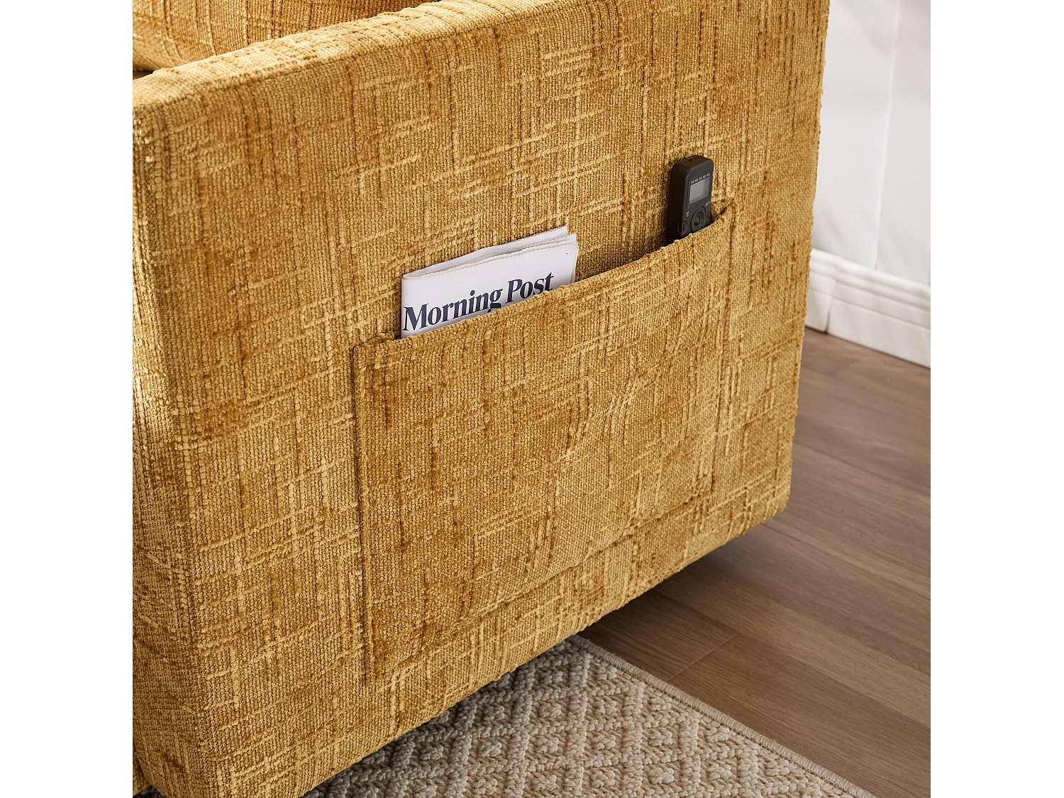 Canapé fixe - Chaiselongue jaune en tissu chenille - avec support pour téléphone et rangement intégré - Idéal pour salon, bureau ou chambre