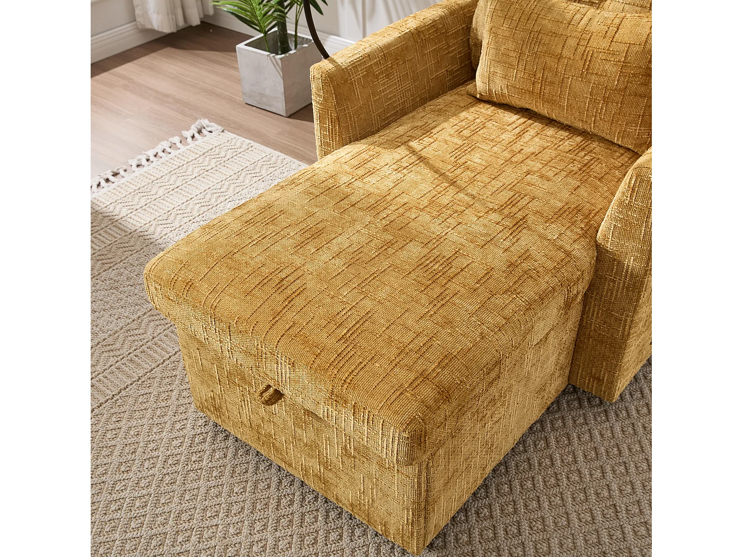 Canapé fixe - Chaiselongue jaune en tissu chenille - avec support pour téléphone et rangement intégré - Idéal pour salon, bureau ou chambre