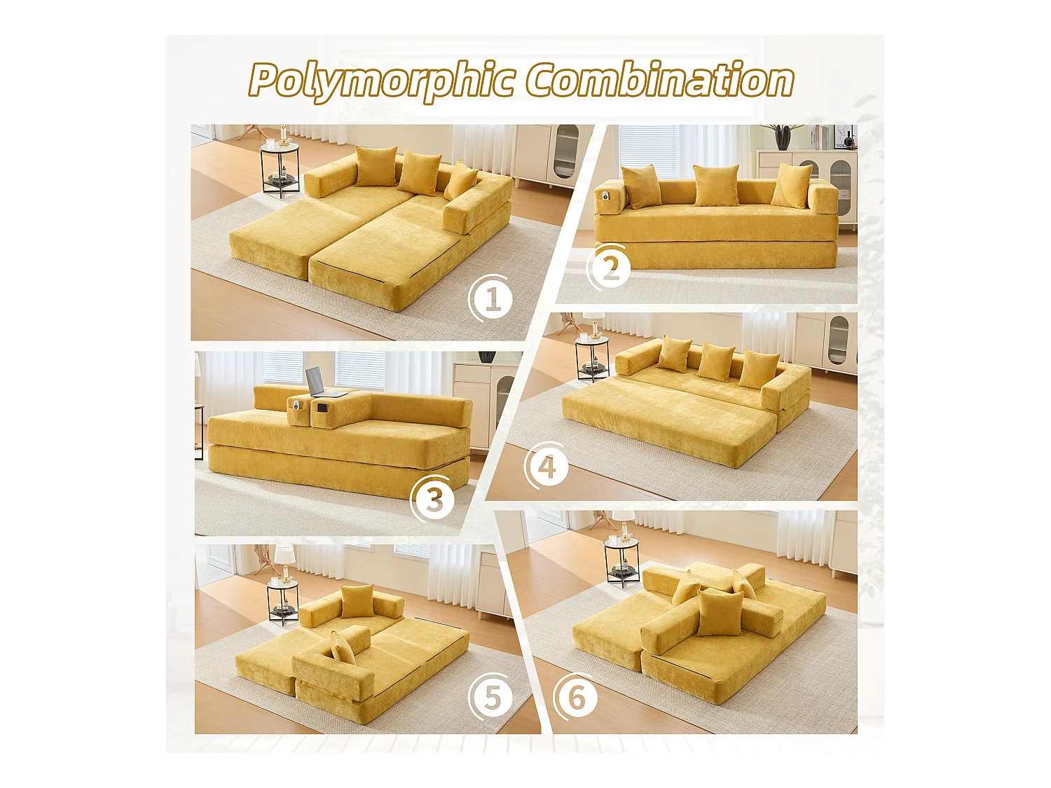 Kaleido 1.0 - Canapé modulable en chenille jaune - Canapé convertible en plusieurs formes - 3 coussins inclus - Parfait pour salon, chambre et bureau