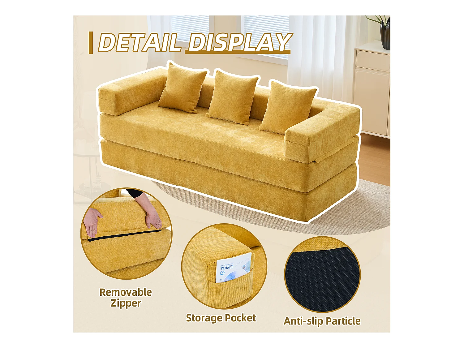 Kaleido 1.0 - Canapé modulable en chenille jaune - Canapé convertible en plusieurs formes - 3 coussins inclus - Parfait pour salon, chambre et bureau