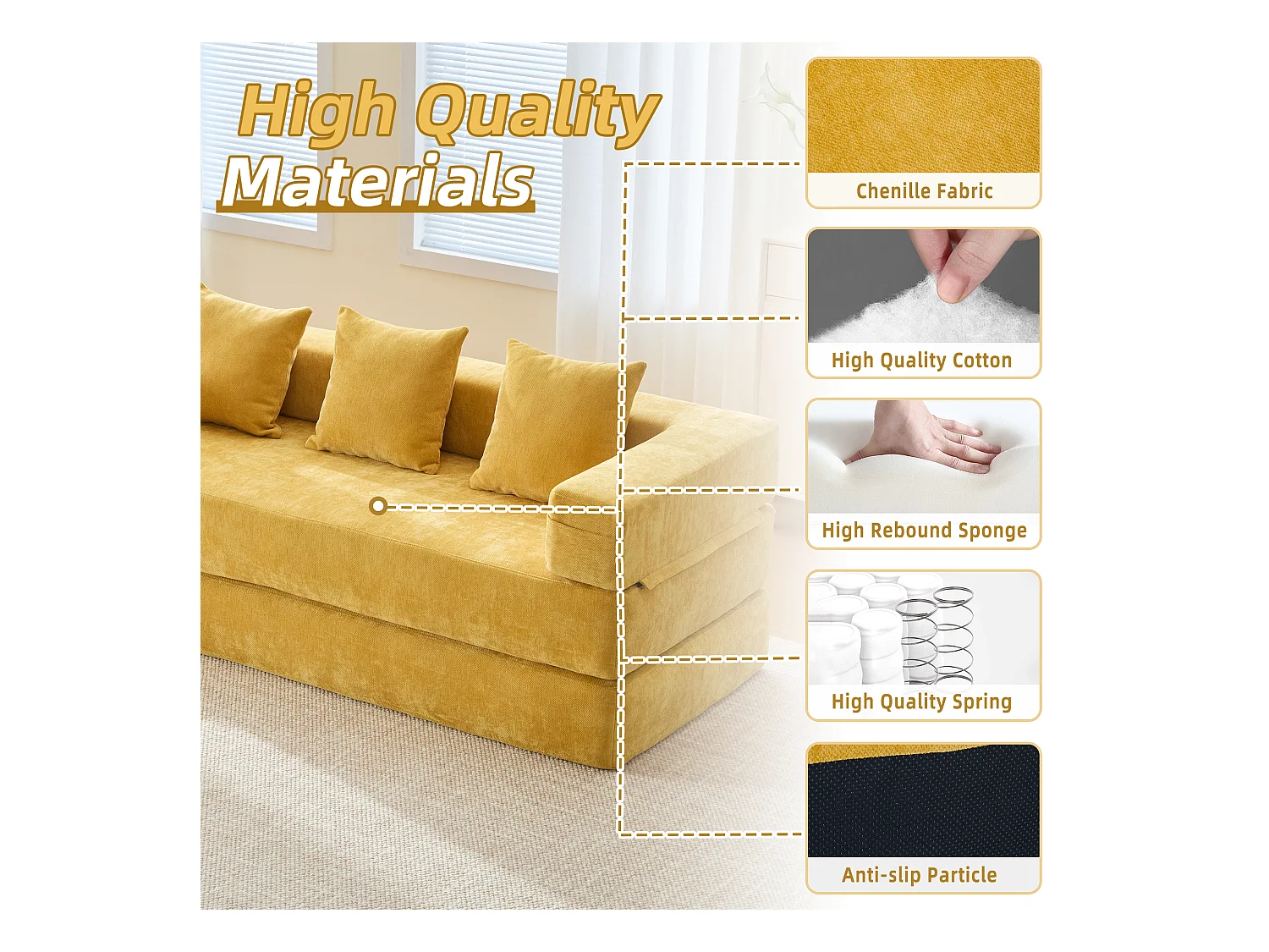 Kaleido 1.0 - Canapé modulable en chenille jaune - Canapé convertible en plusieurs formes - 3 coussins inclus - Parfait pour salon, chambre et bureau