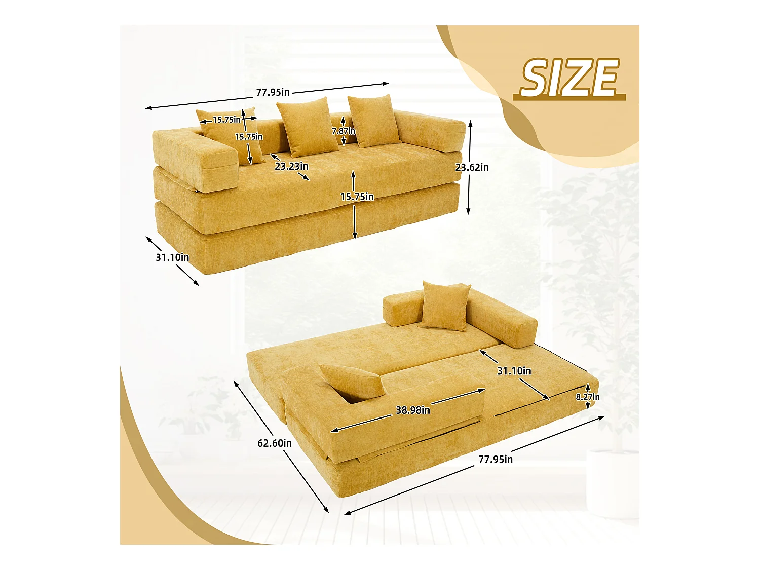 Kaleido 1.0 - Canapé modulable en chenille jaune - Canapé convertible en plusieurs formes - 3 coussins inclus - Parfait pour salon, chambre et bureau