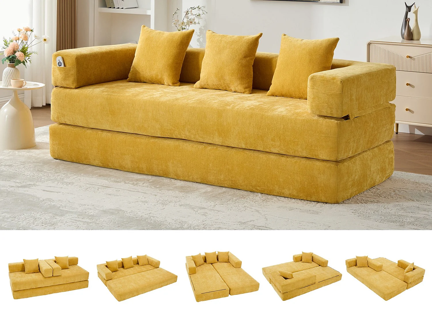 Kaleido 1.0 - Canapé modulable en chenille jaune - Canapé convertible en plusieurs formes - 3 coussins inclus - Parfait pour salon, chambre et bureau