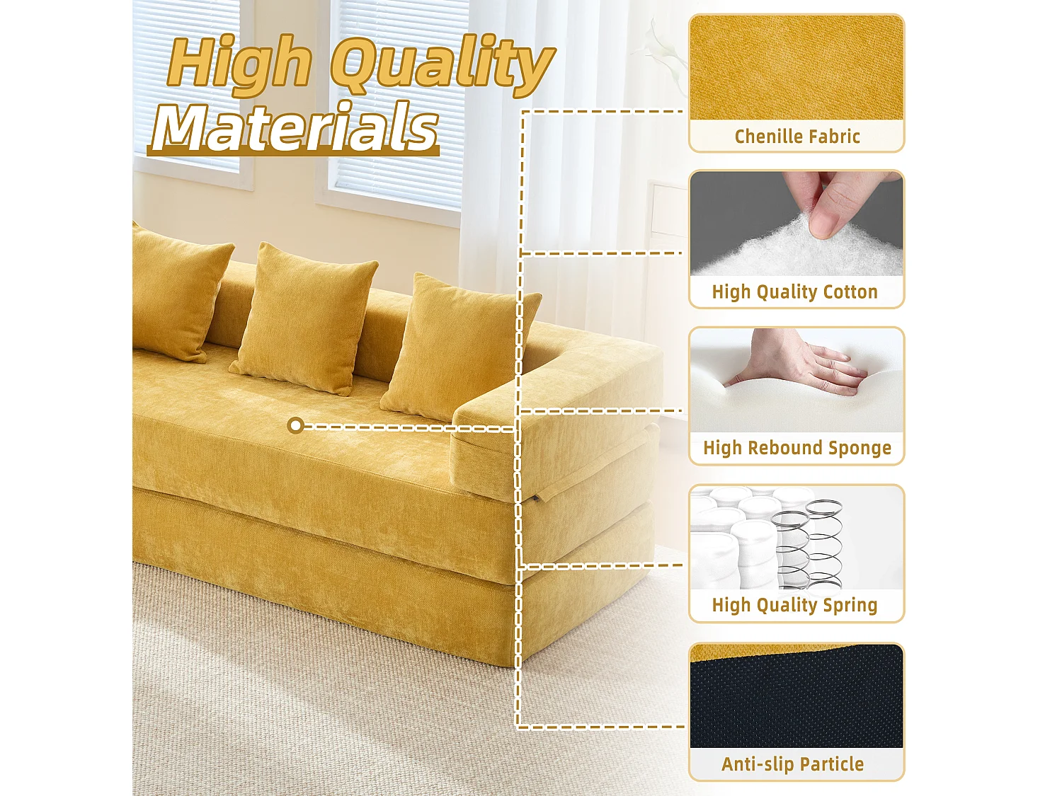 Kaleido 1.0 - Canapé modulable en chenille jaune - Canapé convertible en plusieurs formes - 3 coussins inclus - Parfait pour salon, chambre et bureau