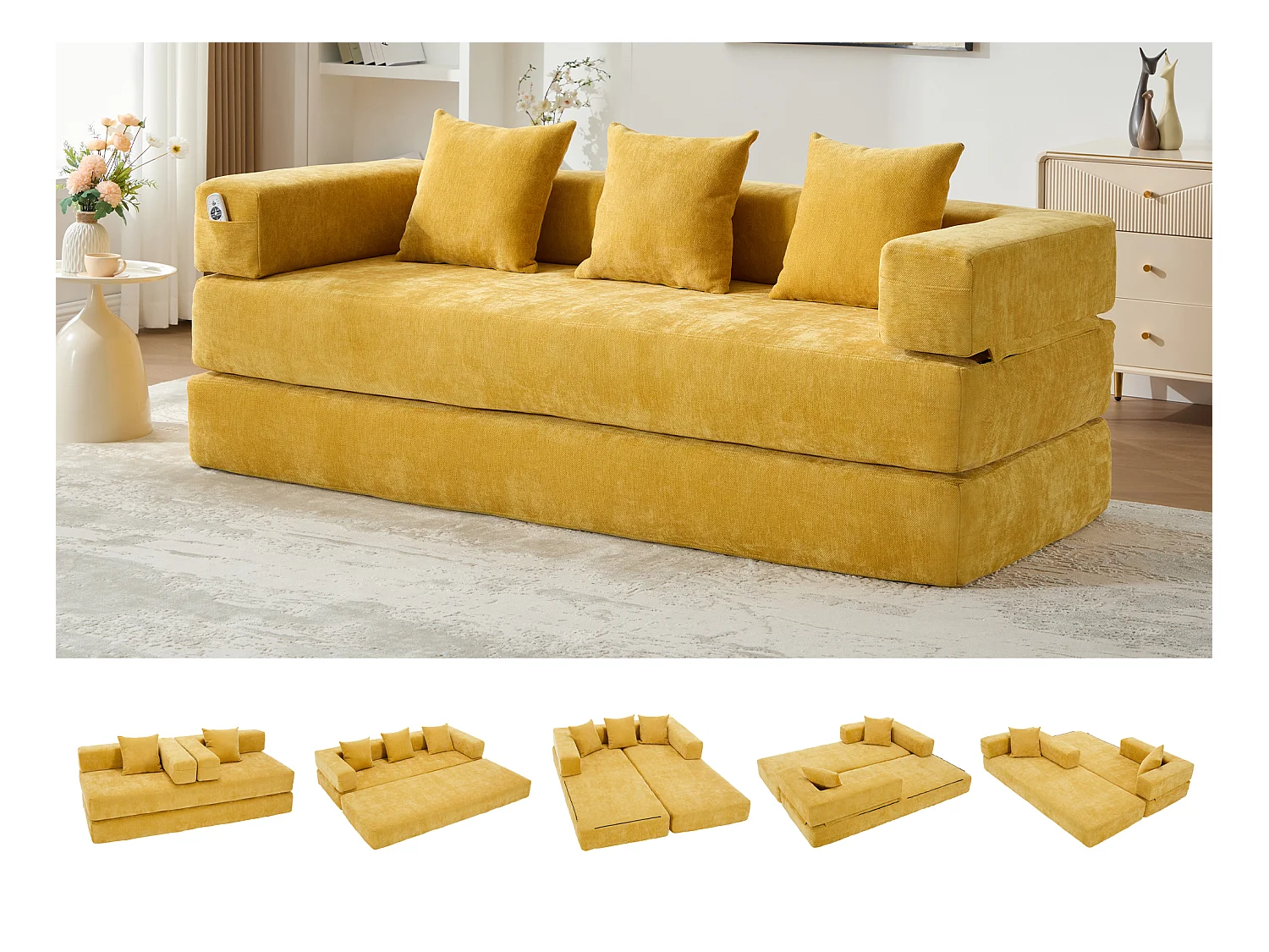 Canapé modulable en chenille jaune - Canapé convertible en plusieurs formes - 3 coussins inclus - Parfait pour salon, chambre et bureau