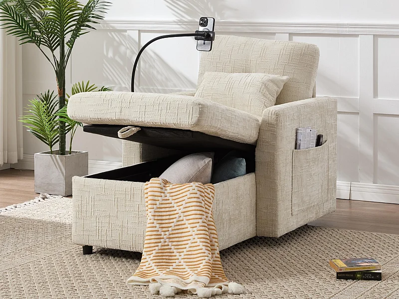 Canapé fixe - Chaiselongue beige en tissu chenille - avec support pour téléphone et rangement intégré - Idéal pour salon, bureau ou chambre