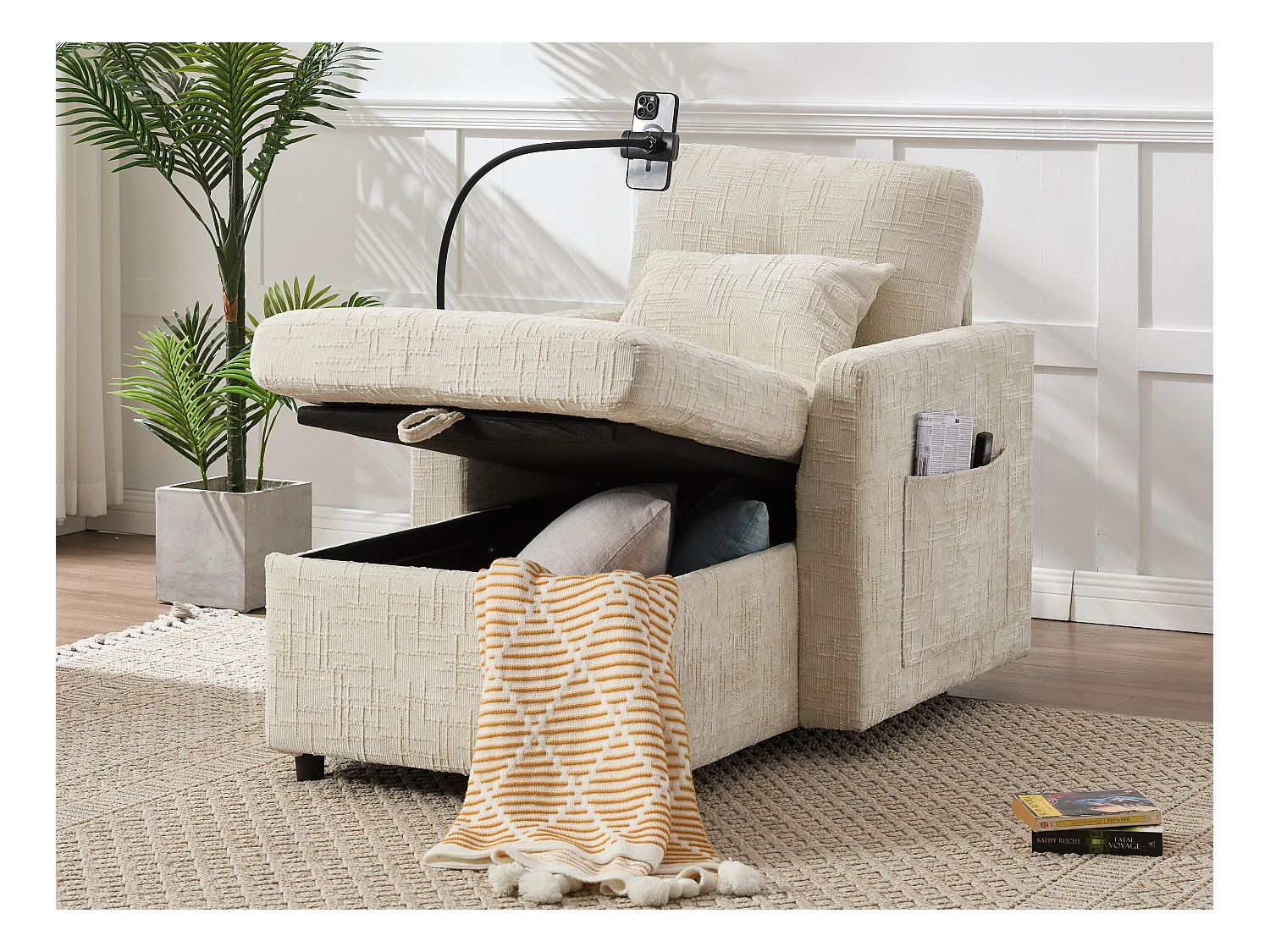 Canapé convertible noir en tissu chenille - avec support pour téléphone et rangement intégré - Idéal pour salon, bureau ou chambre