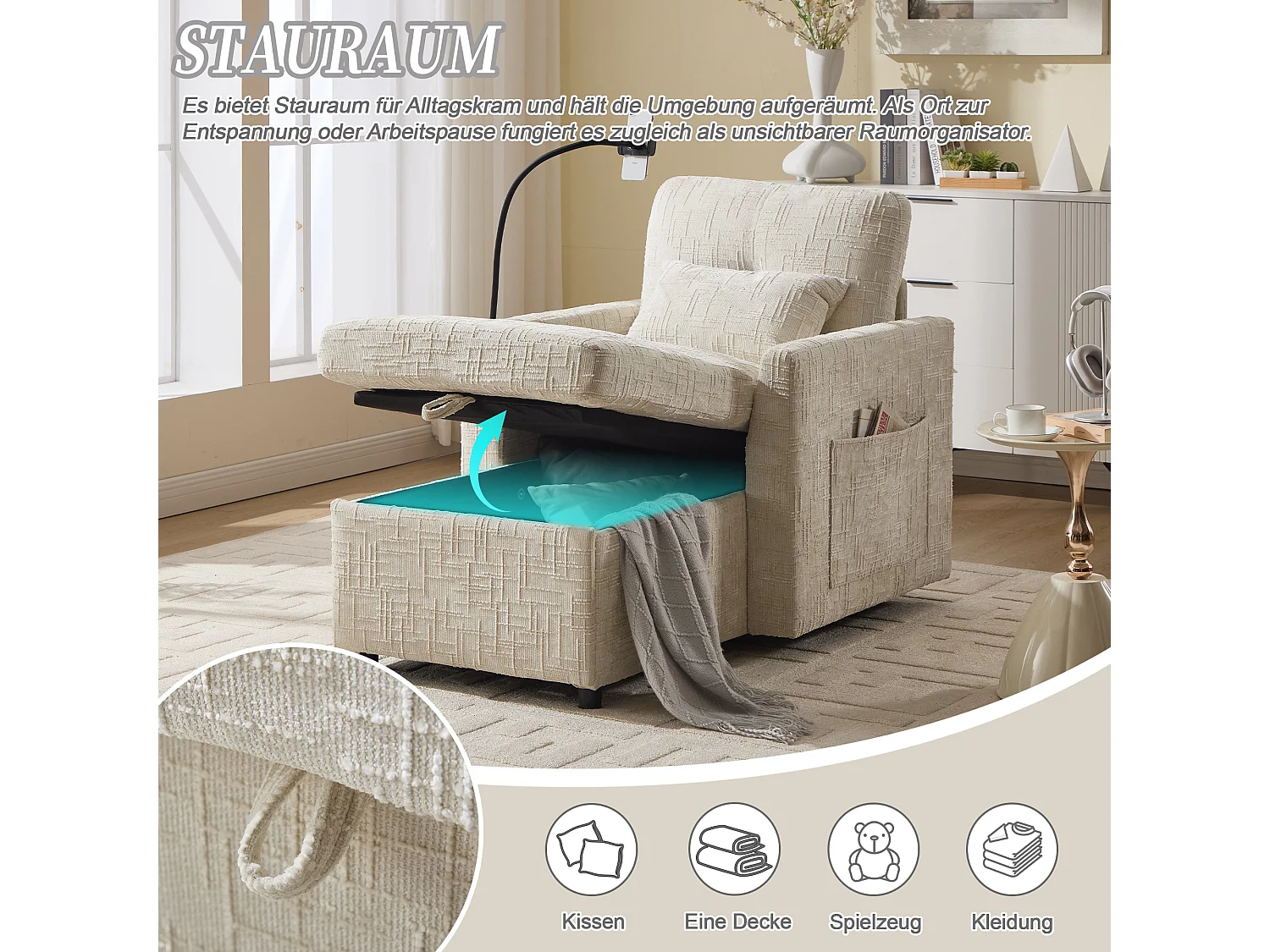 Canapé fixe - Chaiselongue beige en tissu chenille - avec support pour téléphone et rangement intégré - Idéal pour salon, bureau ou chambre