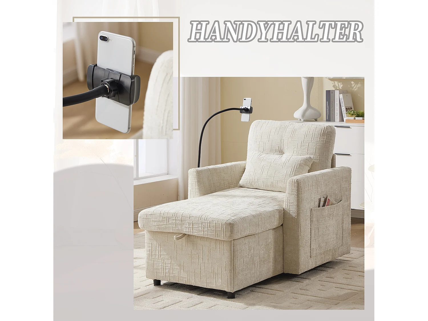 Canapé fixe - Chaiselongue beige en tissu chenille - avec support pour téléphone et rangement intégré - Idéal pour salon, bureau ou chambre