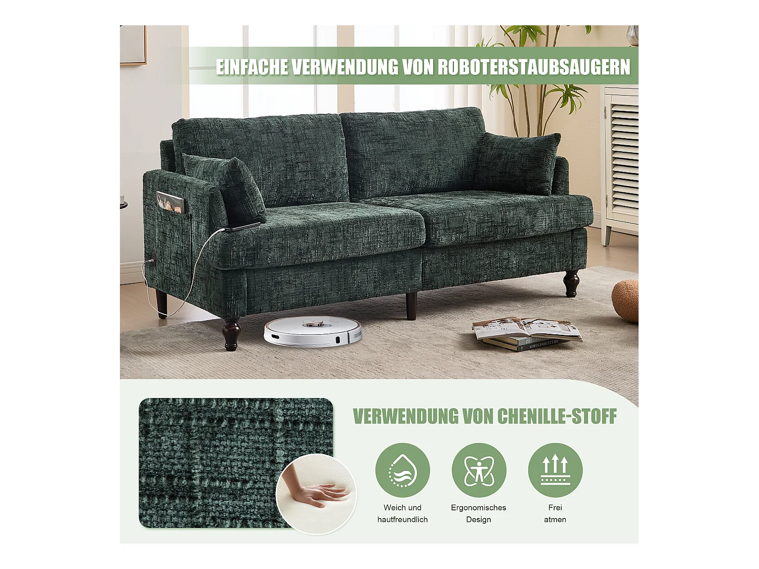 Canapé 2 places en chenille - avec LED, ports USB - double assise et dossier haut - Idéal pour salon ou petit bureau