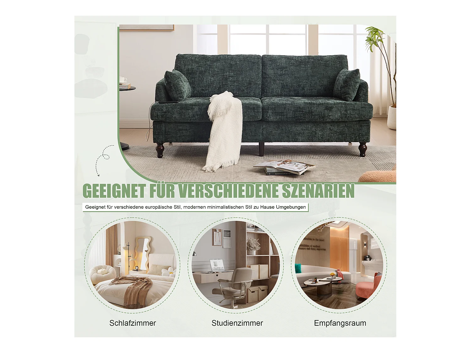 Canapé 2 places en chenille - avec LED, ports USB - double assise et dossier haut - Idéal pour salon ou petit bureau