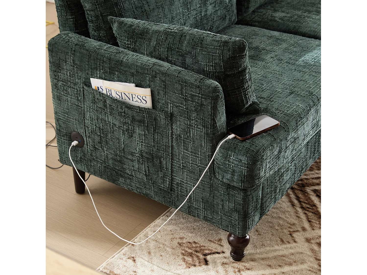 Canapé 2 places en chenille - avec LED, ports USB - double assise et dossier haut - Idéal pour salon ou petit bureau