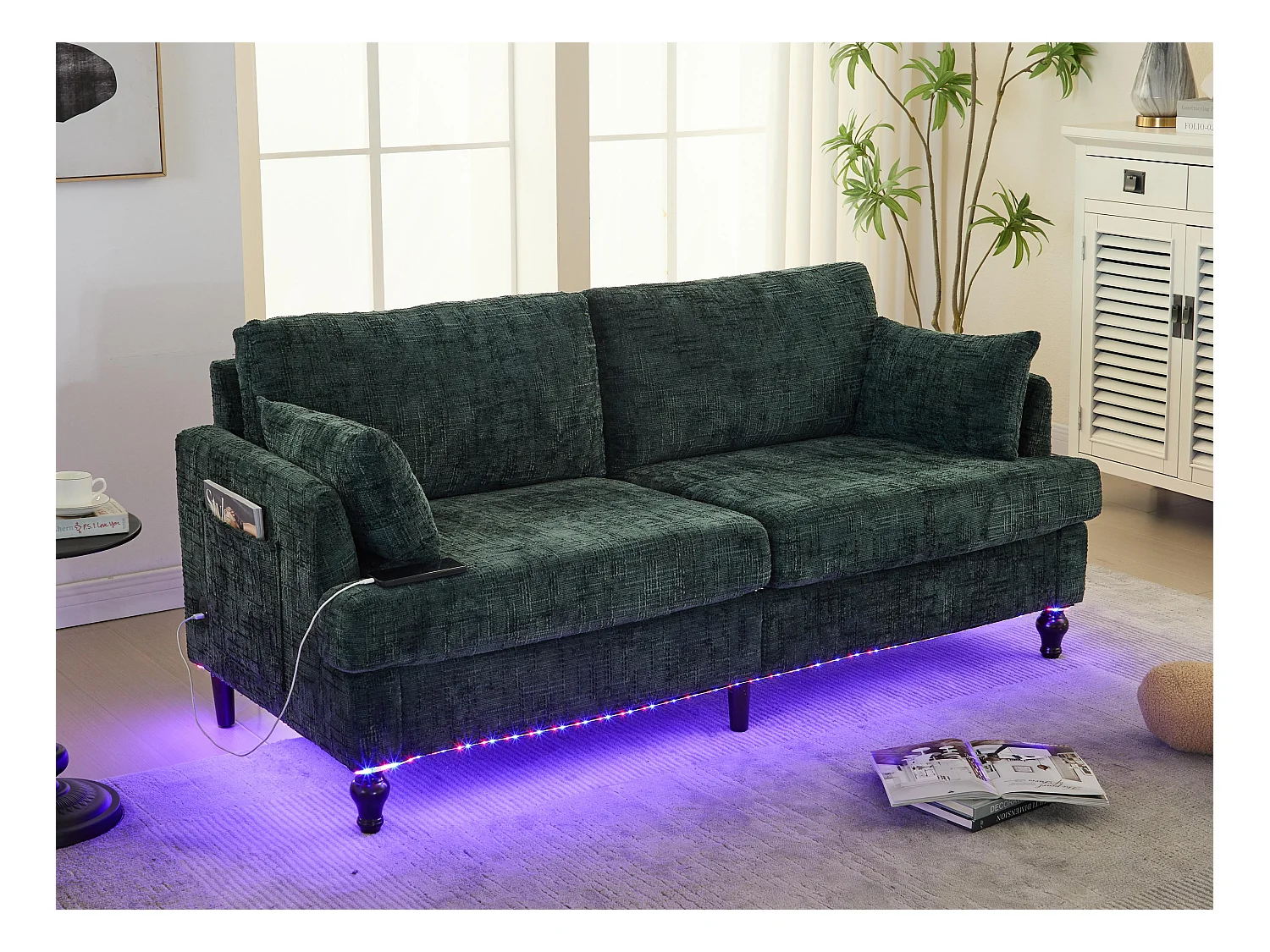 Canapé 2 places en chenille - avec LED, ports USB - double assise et dossier haut - Idéal pour salon ou petit bureau