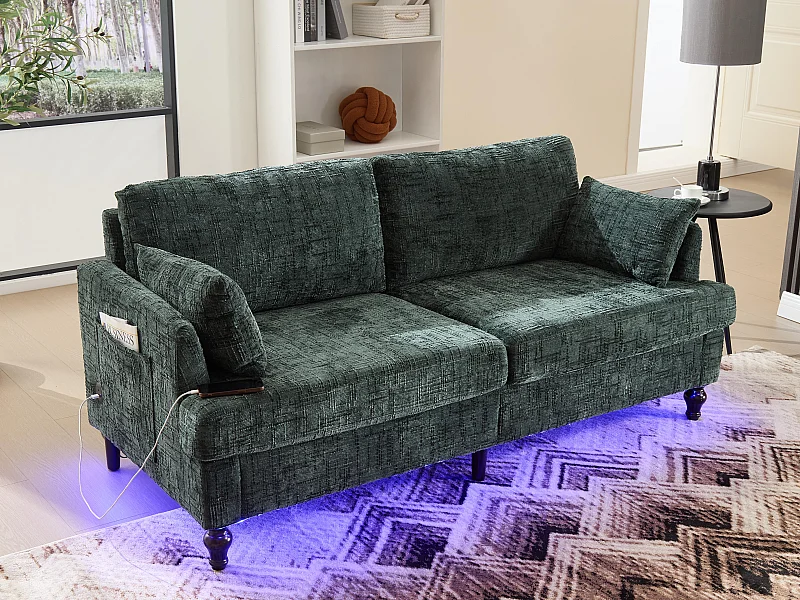 Canapé 2 places en chenille - avec LED, ports USB - double assise et dossier haut - Idéal pour salon ou petit bureau
