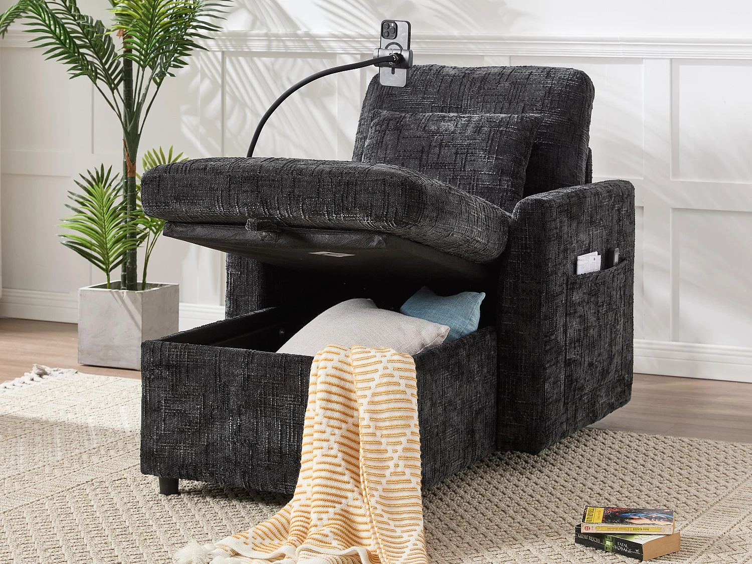 Canapé fixe - Chaise longue noire en tissu chenille - avec support pour téléphone et rangement intégré - Idéal pour salon, bureau ou chambre