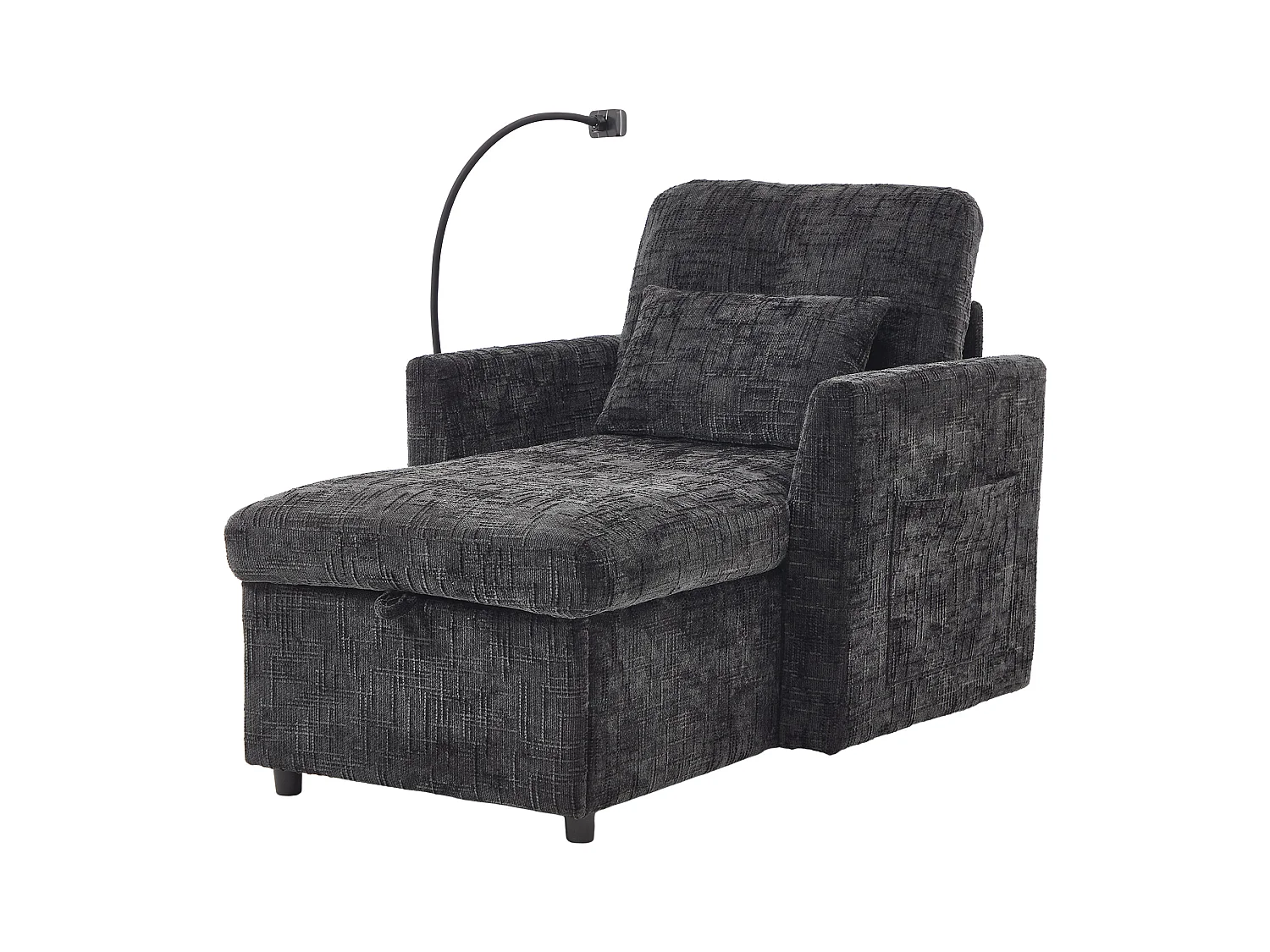 Canapé fixe - Chaise longue noire en tissu chenille - avec support pour téléphone et rangement intégré - Idéal pour salon, bureau ou chambre