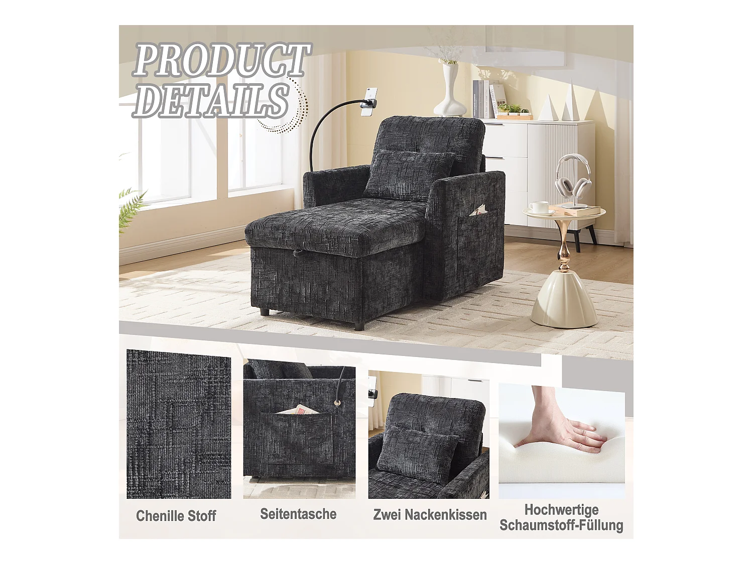 Canapé fixe - Chaise longue noire en tissu chenille - avec support pour téléphone et rangement intégré - Idéal pour salon, bureau ou chambre
