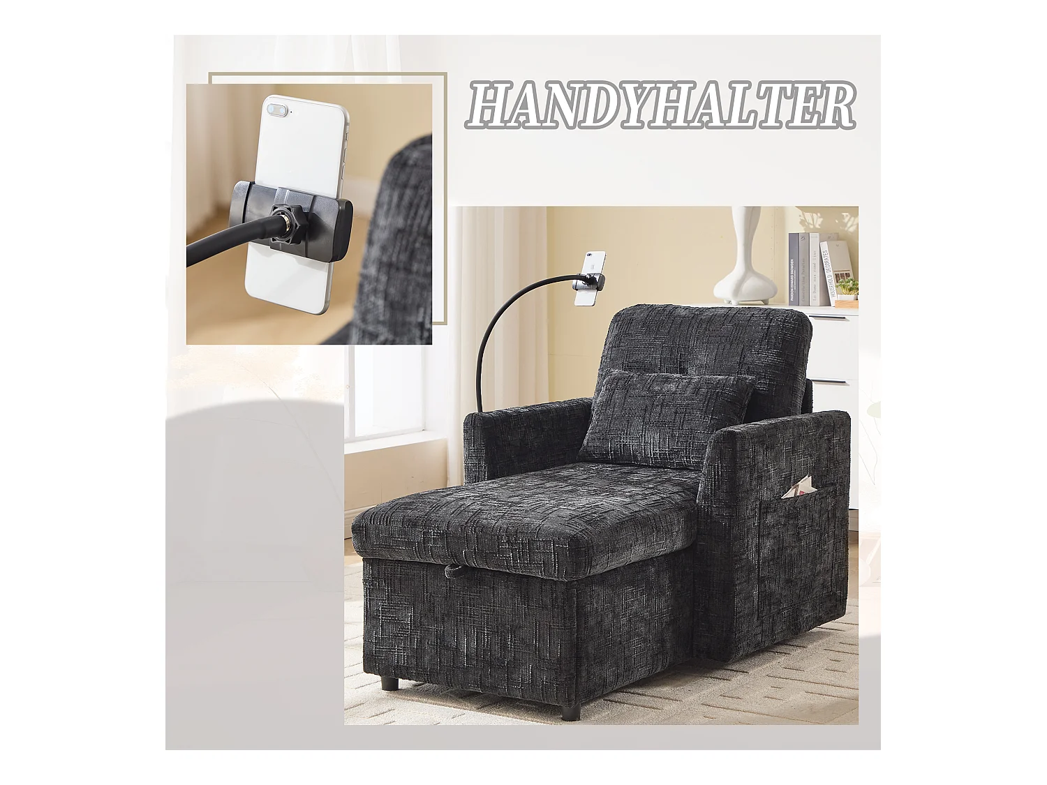 Canapé fixe - Chaise longue noire en tissu chenille - avec support pour téléphone et rangement intégré - Idéal pour salon, bureau ou chambre