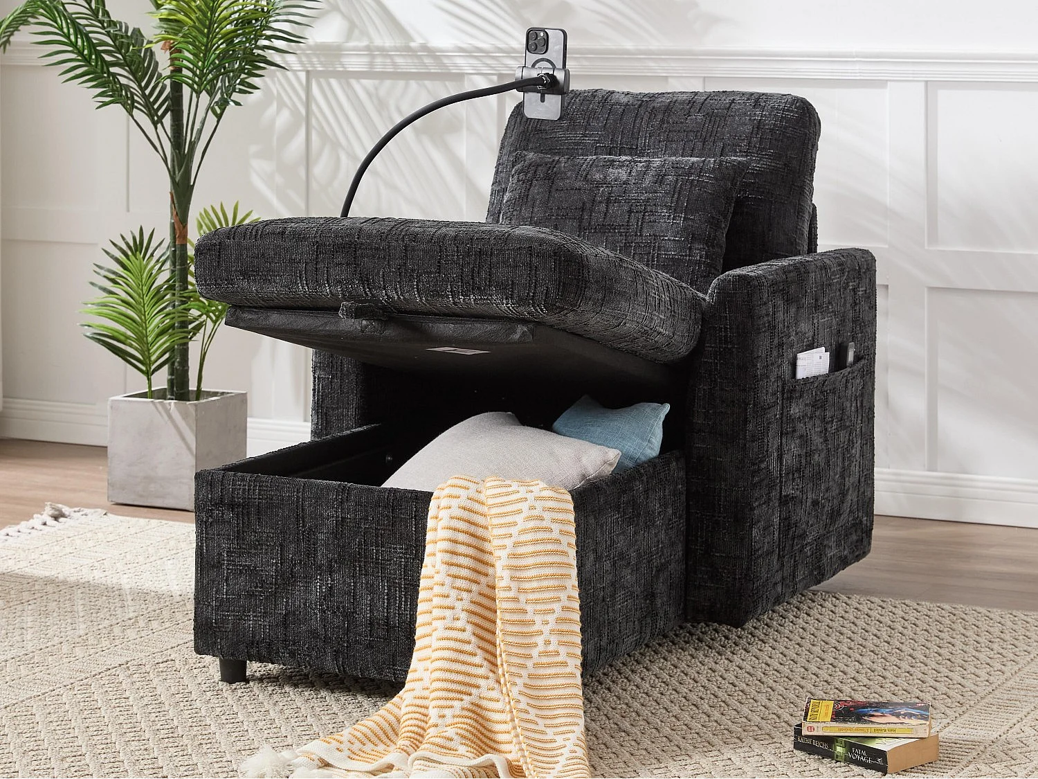 Canapé fixe - Chaise longue noire en tissu chenille - avec support pour téléphone et rangement intégré - Idéal pour salon, bureau ou chambre