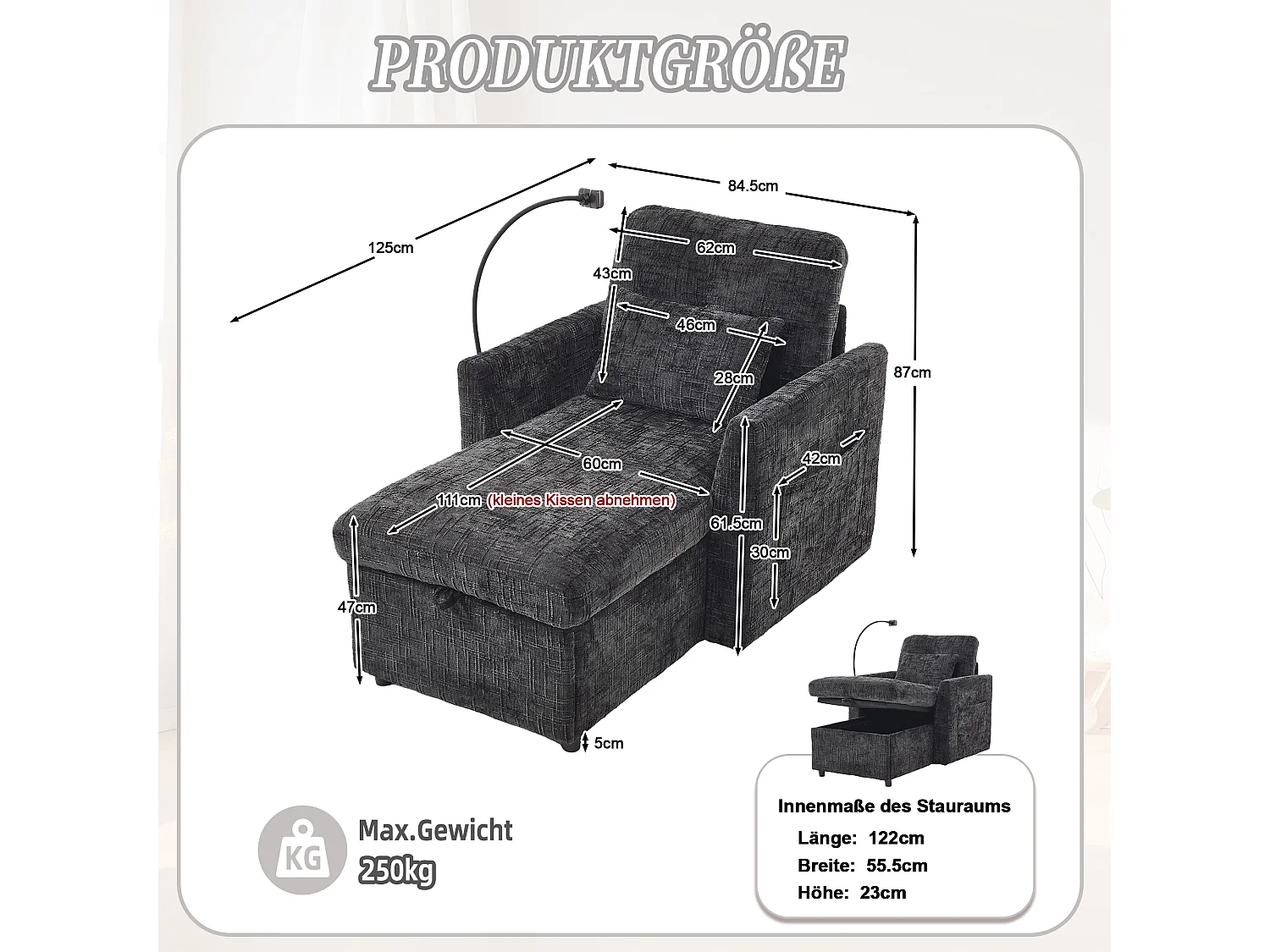 Canapé fixe - Chaise longue noire en tissu chenille - avec support pour téléphone et rangement intégré - Idéal pour salon, bureau ou chambre